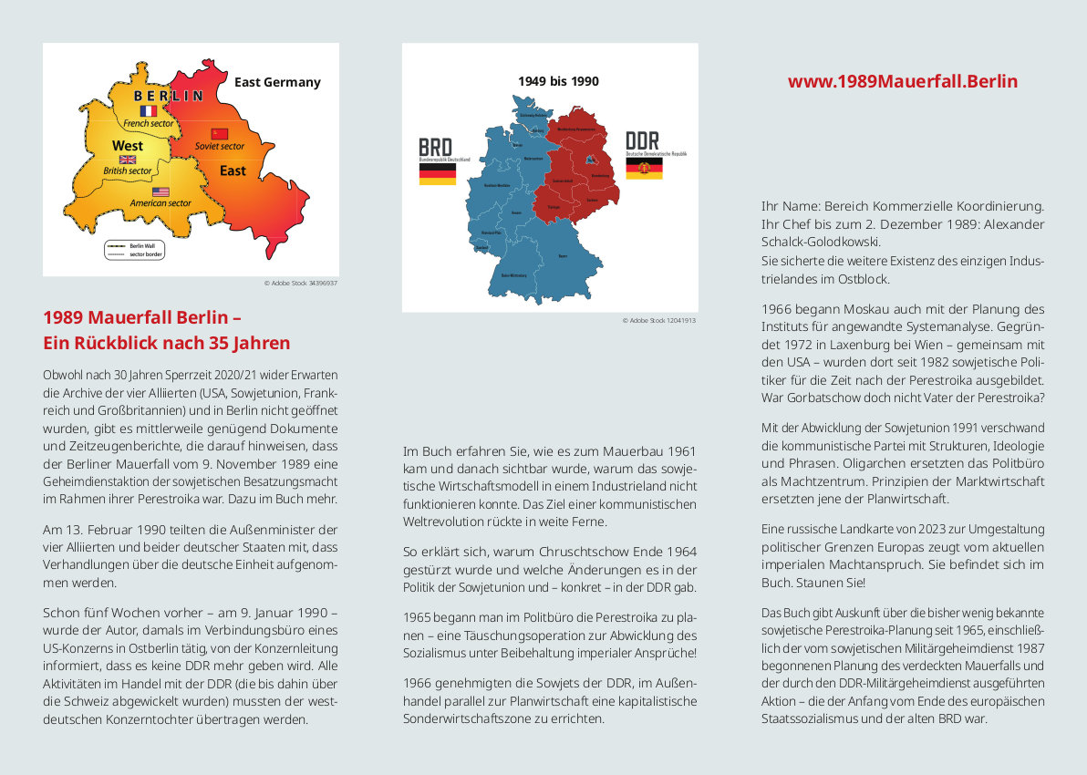 1989 Mauerfall Berlin - Ein Rückblick nach 35 Jahren Verkaufsflyer Rückseite